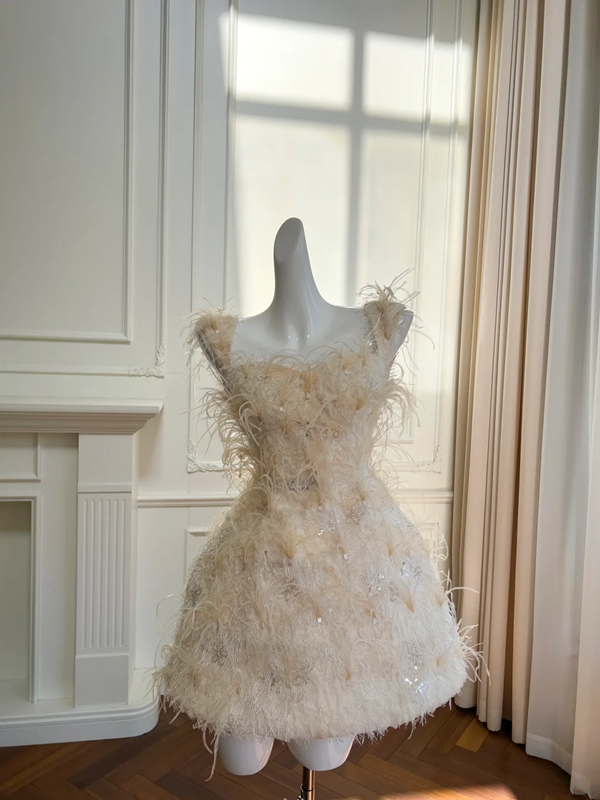 Pink suspender feather design waist slim A-line short skirt homecoming dress R5049