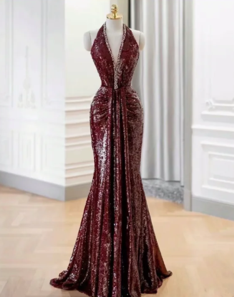 Deep red halter neck, fitted waist, bodycon fishtail long ball gown R6460