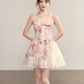 Pink floral sleeveless slim waist A-line short skirt homecoming dress R5408