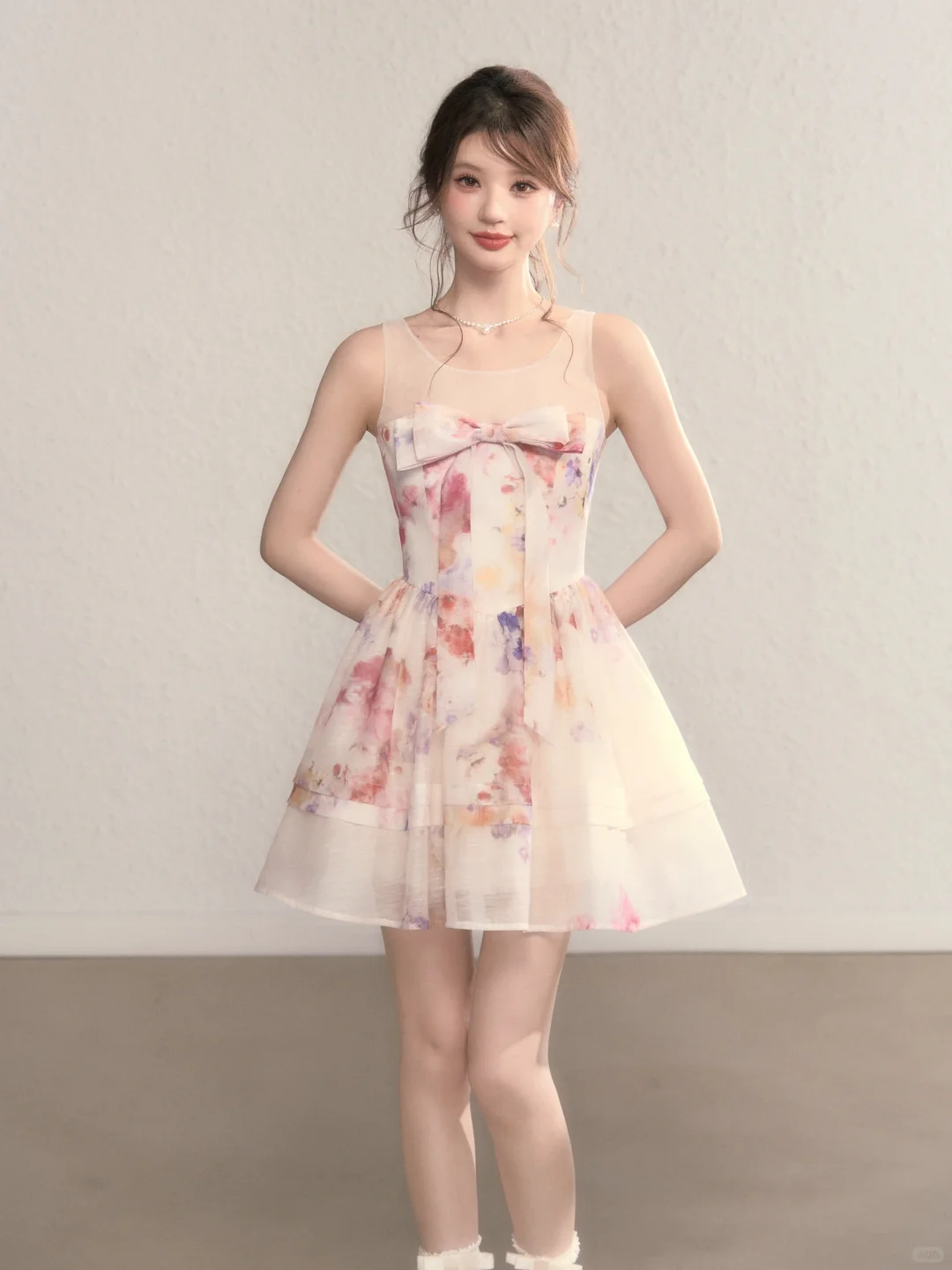 Pink floral sleeveless slim waist A-line short skirt homecoming dress R5408