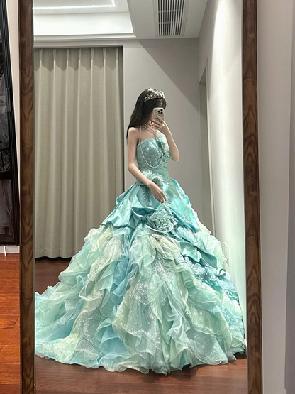 Blue-green strapless fitted waist slim-fitting ball gown with a full skirt R8623
