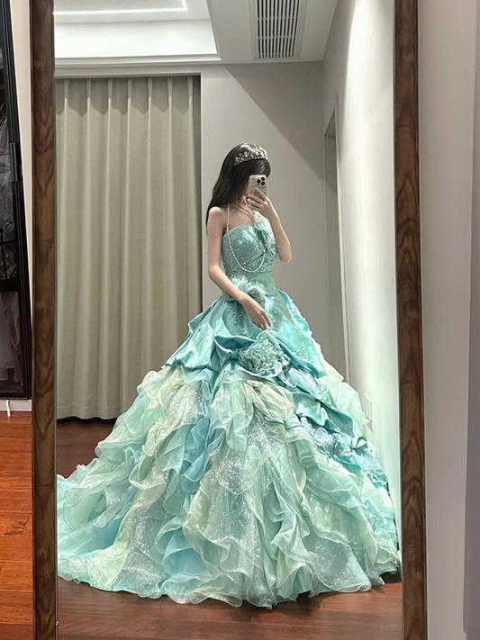 Blue-green strapless fitted waist slim-fitting ball gown with a full skirt R8623