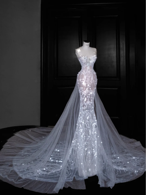 White sequined tube top pattern waist slim hip long skirt, prom dress R5629