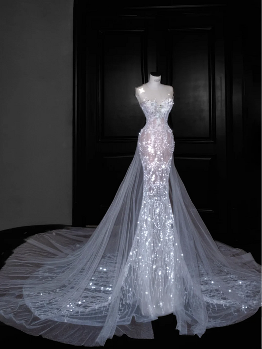 White sequined tube top pattern waist slim hip long skirt, prom dress R5629