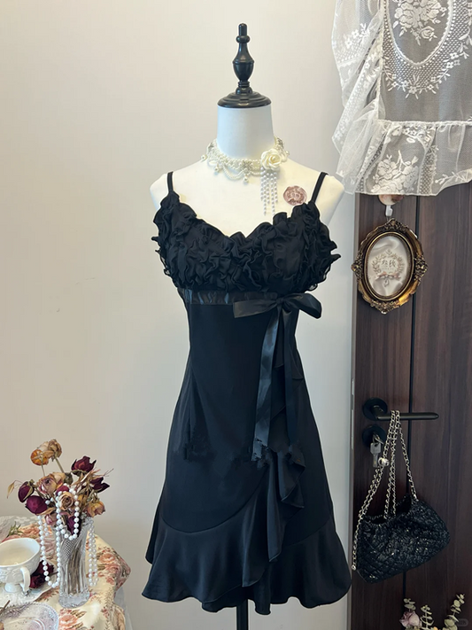 Black halter neckline 3D flower design slim waist sexy ruffle skirt homecoming dress R4318