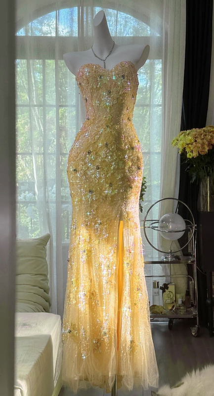Yellow sequined strapless fitted waist long ball gown R6540