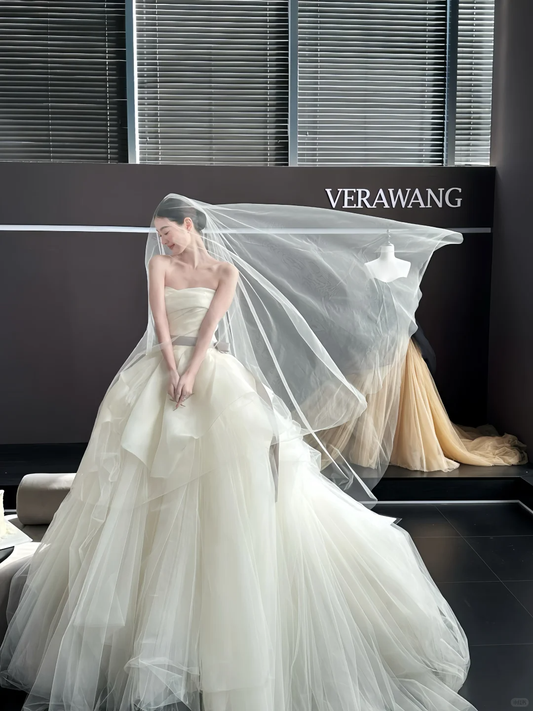 White tube top slim waist puffy skirt tulle bridal dress R6041