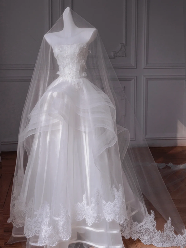 White tube top slim waist lace skirt long dress bridal gown R5786