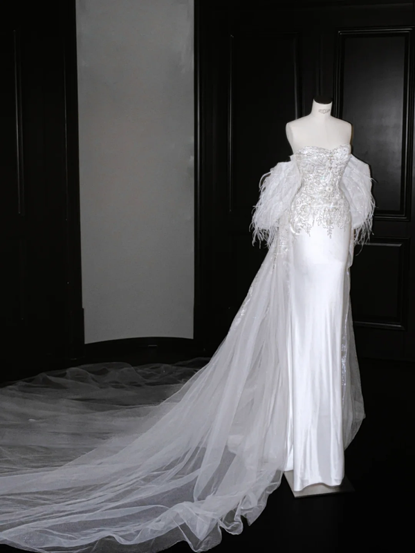 White tube top sequined waist slim sexy long skirt, prom dress R5665