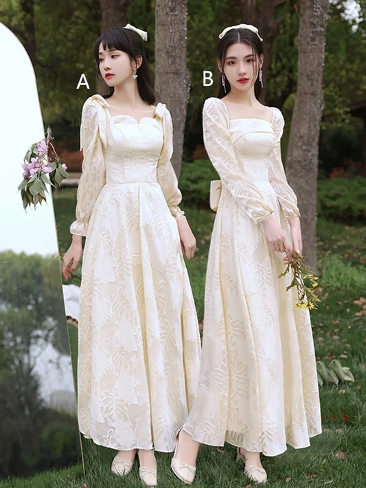 White long-sleeved slim-waist A-line ball gown, bridesmaid dress R5981