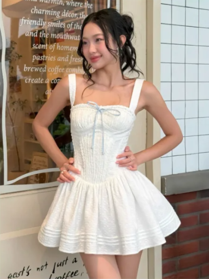 White suspenders waist slim A-line cute mini skirt homecoming dress R4806