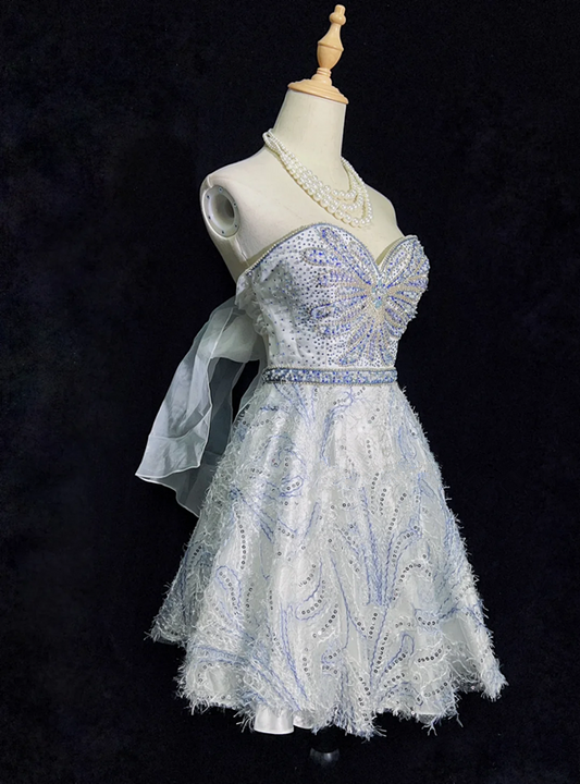 White bottom tube top butterfly design diamond waist A-line short skirt homecoming dress R5009