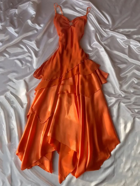 Vibrant Chiffon Flowy Tiered Prom Gown Orange Women's Corset Maxi Evening Dress Casual Dress RS2927