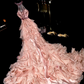 Pink halter neck, fitted waist, layered skirt, long ball gown R6884