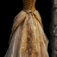 Gold strapless, fitted waist, classic floral pattern, long skirt, elegant ball gown R8126