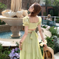 Green long waist square collar short sleeve dress summer French retro a-line high-end skirt R4704