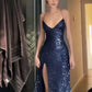 Sparkly Navy Blue Sequins Mermaid V-neck Long Evening Prom Dresses     S5207