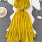 Light luxury temperament stand-up collar off-shoulder pleated waist A-line chiffon dress elegant long skirt R0374