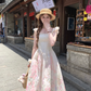 Pink long square neck waist A-line suspender dress women's summer French retro skirt R4740