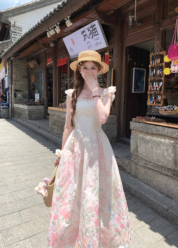 Pink long square neck waist A-line suspender dress women's summer French retro skirt R4740