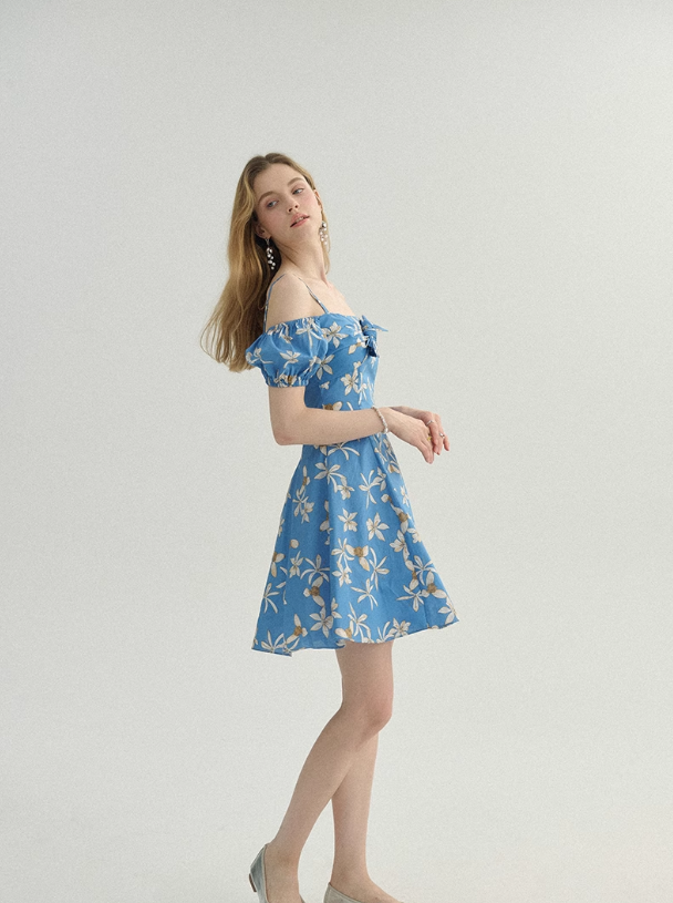 French floral skirt seaside holiday skirt fairy skirt blue short dress R2770