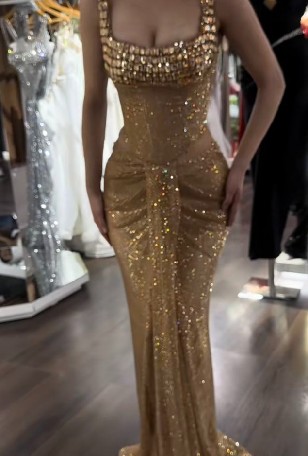 Sexy Gold Mermaid Long Evening Dresses Beaded Prom Gown     S6953