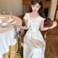 Long waist polka dot short-sleeved dress for women summer French retro temperament skirt R4626