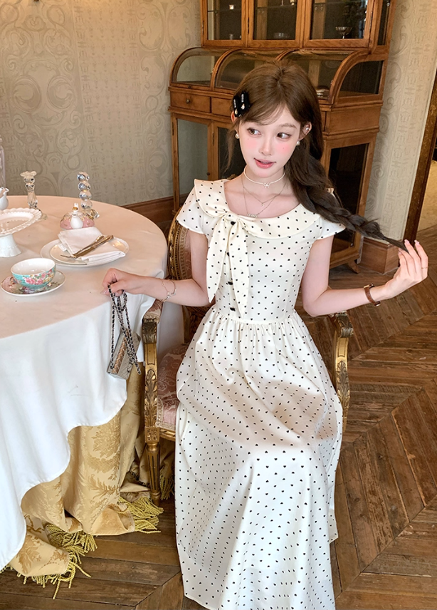 Long waist polka dot short-sleeved dress for women summer French retro temperament skirt R4626
