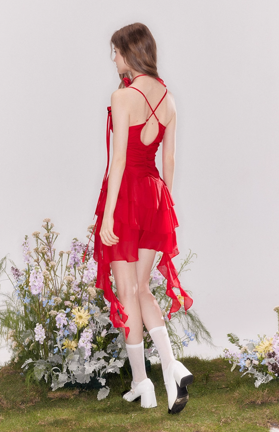 French flower tie ruffled collar suspender dress R4542