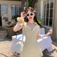 Yellow sleeveless waist a-line dress women's summer French temperament skirt R4622