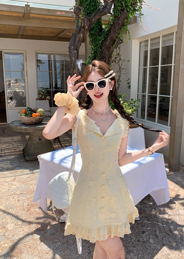 Yellow sleeveless waist a-line dress women's summer French temperament skirt R4622