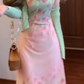 Beautiful little skirt gentle temperament green floral suspender dress R0683