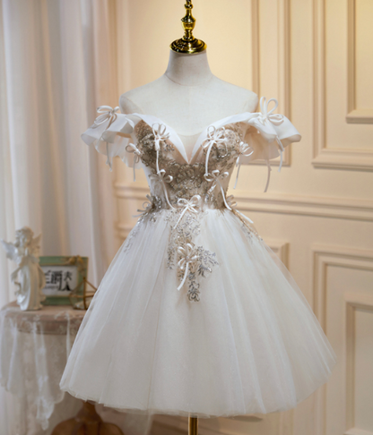 Charming White Homecoming Dress , Embroidery Bow Decor Corset Mini Evening Dress RS1446