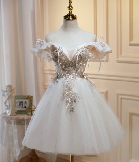 Charming White Homecoming Dress , Embroidery Bow Decor Corset Mini Evening Dress RS1446