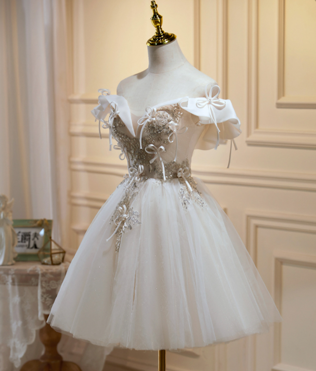 Charming White Homecoming Dress , Embroidery Bow Decor Corset Mini Evening Dress RS1446