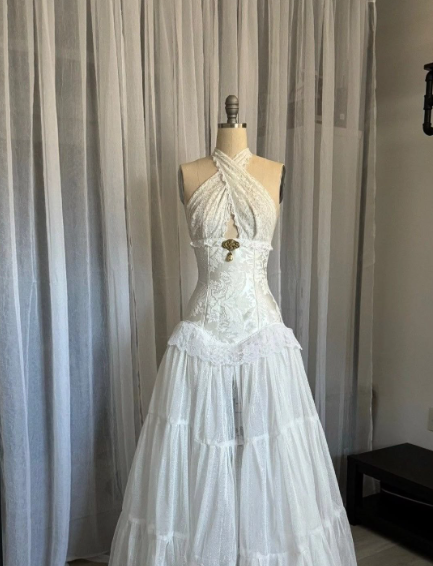 Hazy Lace Corset Prom Gown ,  French Chic White Maxi Evening Dress Ball Gown RS1808