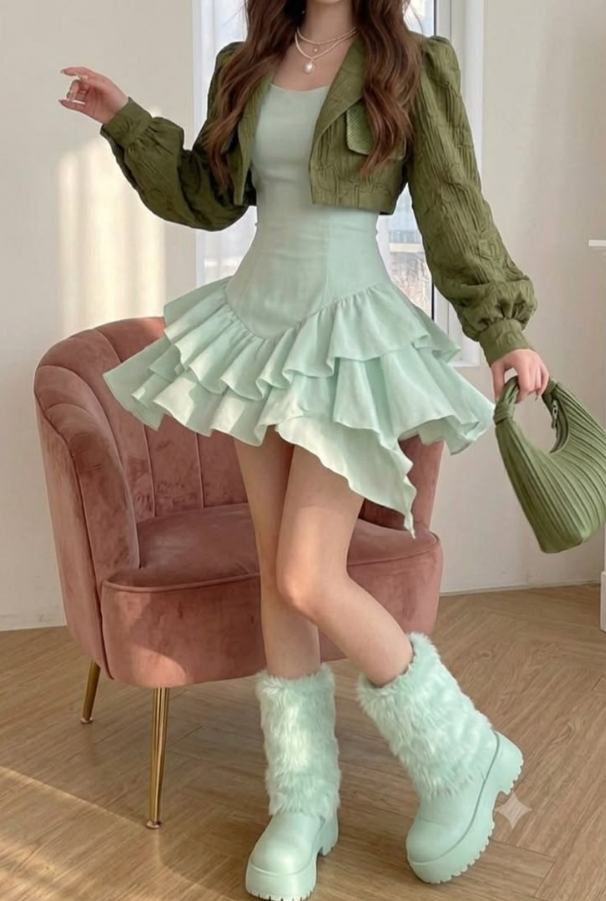 Flowy Chiffon Corset Homecoming Dress , Tiered Vibrant Green Mini Summer Dress RS1804
