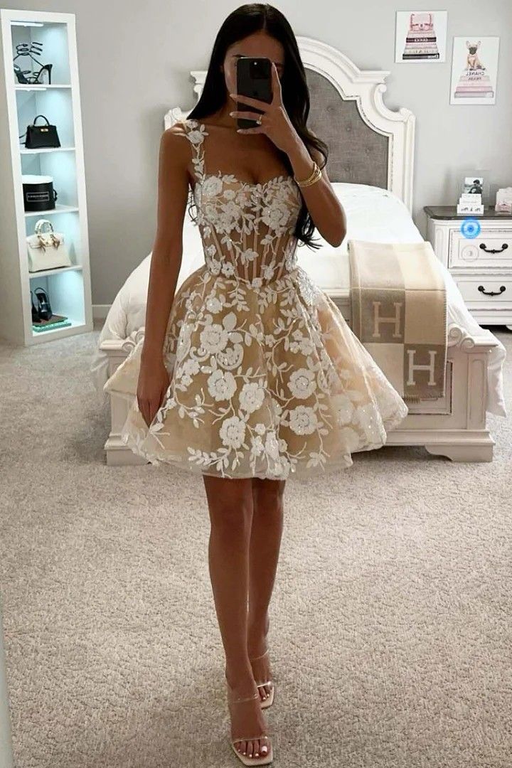 Tea-bottom applique sling herringbone waist princess skirt homecoming dress R3539
