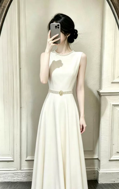 Silky Satin Beaded Bodycon Prom Gown ,  Elegant White Maxi Evening Dress RS1818
