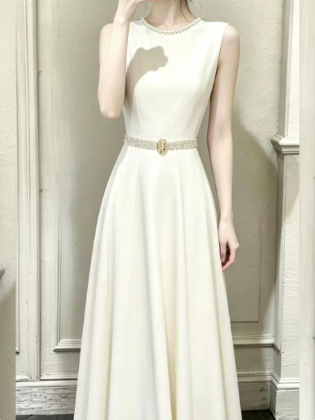 Silky Satin Beaded Bodycon Prom Gown ,  Elegant White Maxi Evening Dress RS1818
