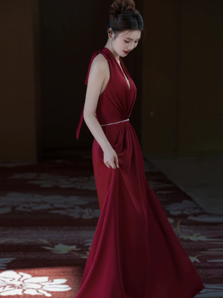 Satin Flowy Bodycon Prom Gown ,  Stunning Burgundy Maxi Evening Dress RS1819