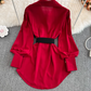 2025 Retro Temperament Waist Slimming Pleated Long Sleeve Shirt Skirt Mid-length Loose Top R0395