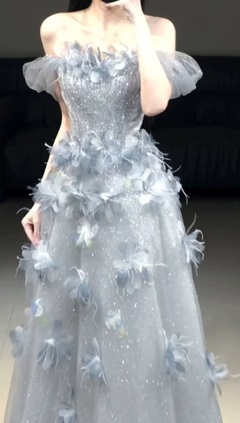 Sequins Glitter Floral Decor Corset Prom Gown ,  Stunning Sliver Maxi Evening Dress RS1820
