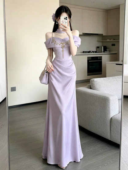 Silky Satin Bodycon Prom Gown ,  Dreamy Lavender Maxi Evening Dress Ball Gown RS1822
