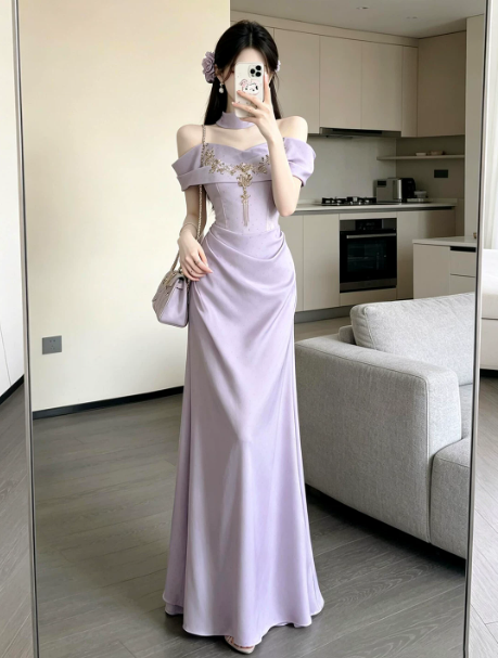 Silky Satin Bodycon Prom Gown ,  Dreamy Lavender Maxi Evening Dress Ball Gown RS1822