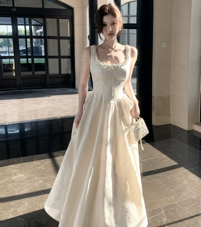 Embroidered Flowy Corset Prom Gown ,  Gentle White Maxi Evening Dress Ball Gown RS1824