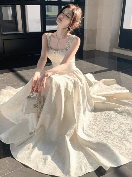 Embroidered Flowy Corset Prom Gown ,  Gentle White Maxi Evening Dress Ball Gown RS1824