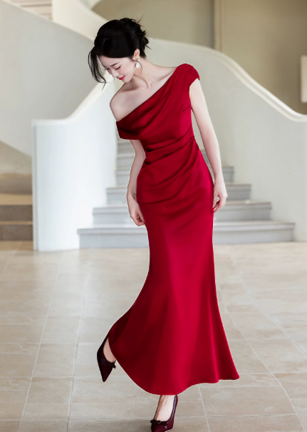 Silky Satin Bodycon Prom Gown ,  Elegant Burgundy Maxi Evening Dress Ball Gown RS1825