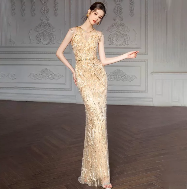 Tulle Glitter Bodycon Prom Gown ,  Elegant Golden Maxi Evening Dress Ball Gown RS1826