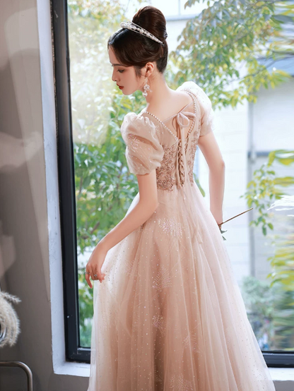 Tulle Glitter Corset Prom Gown ,  Elegant Chamoagne Maxi Princess Evening Dress Ball Gown RS1827